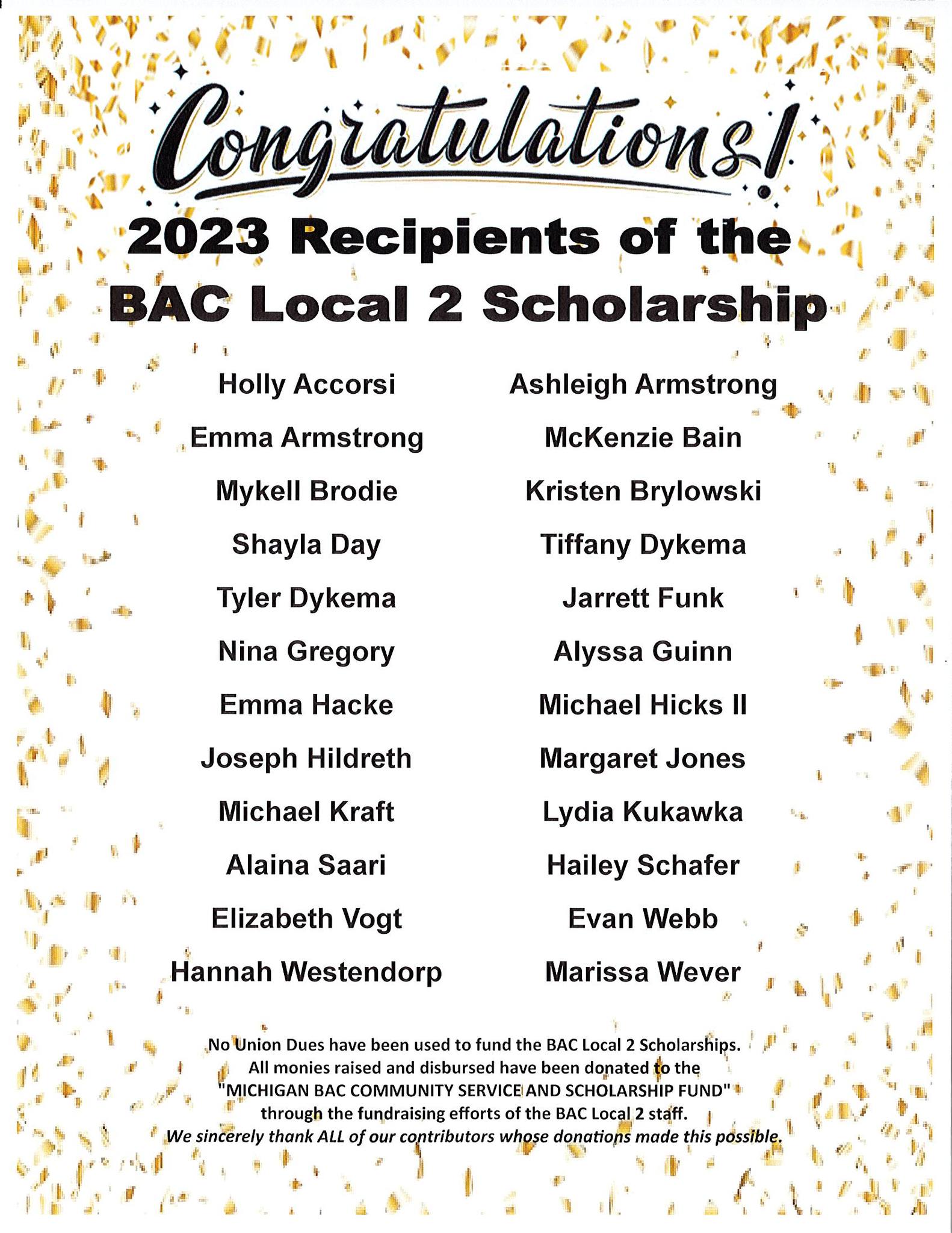 CONGRATULATIONS to the 2023 RECEIPIENTS of the BAC Local 2 Scholarship!